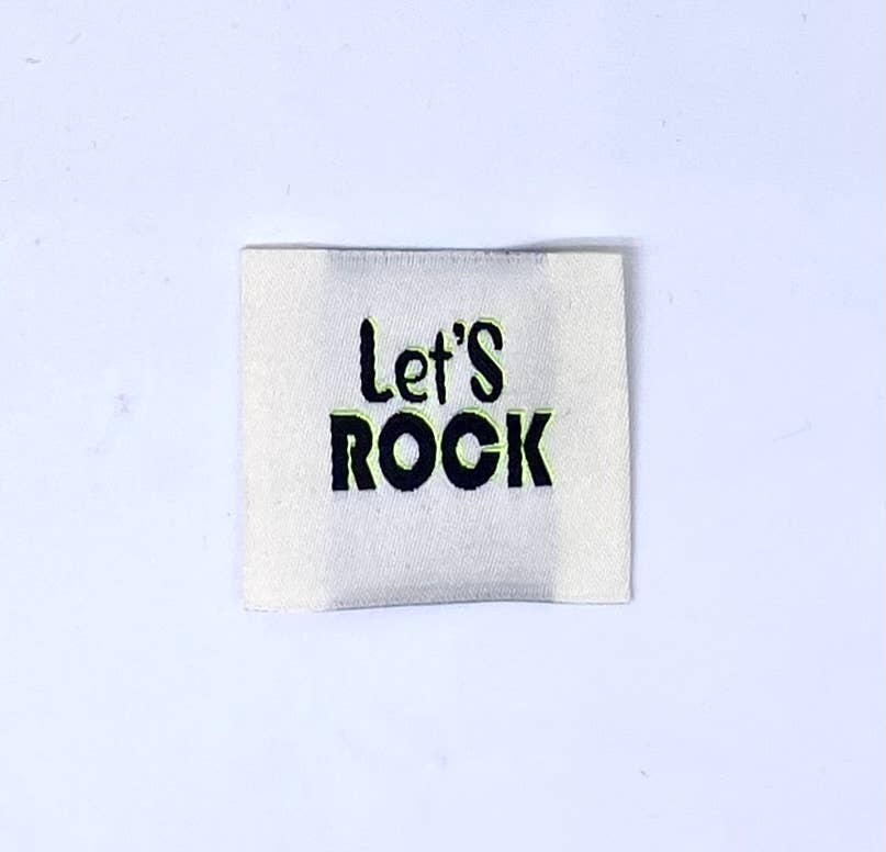 Étiquette tissée à coudre "LET'S ROCK" Écru noir et jaune.