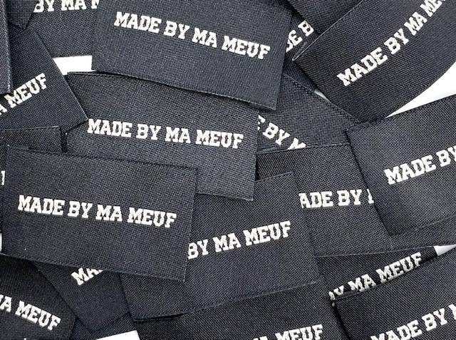 Étiquette Tissée à Coudre "MADE BY MA MEUF" noir et blanc