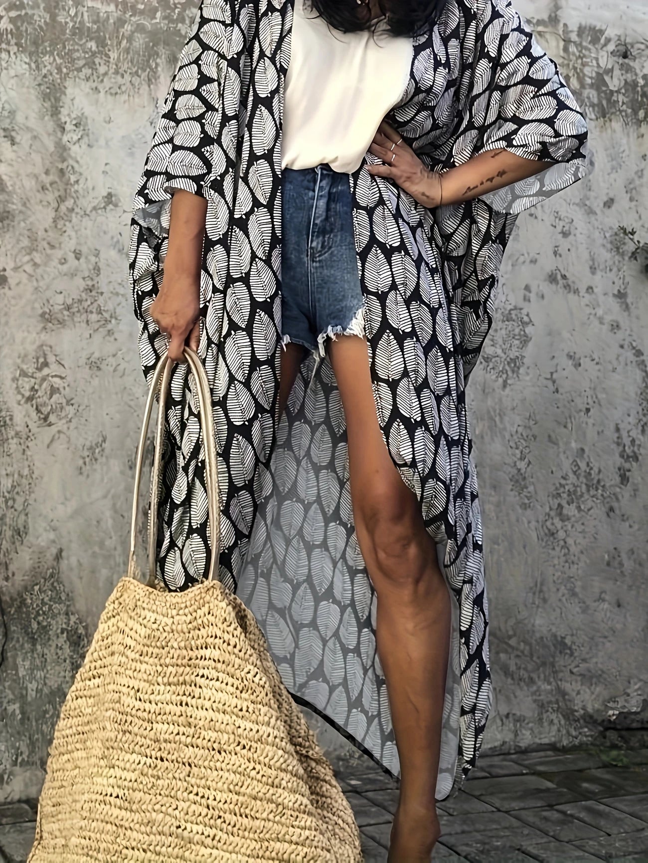 Kimono de plage "Feuille Noir"