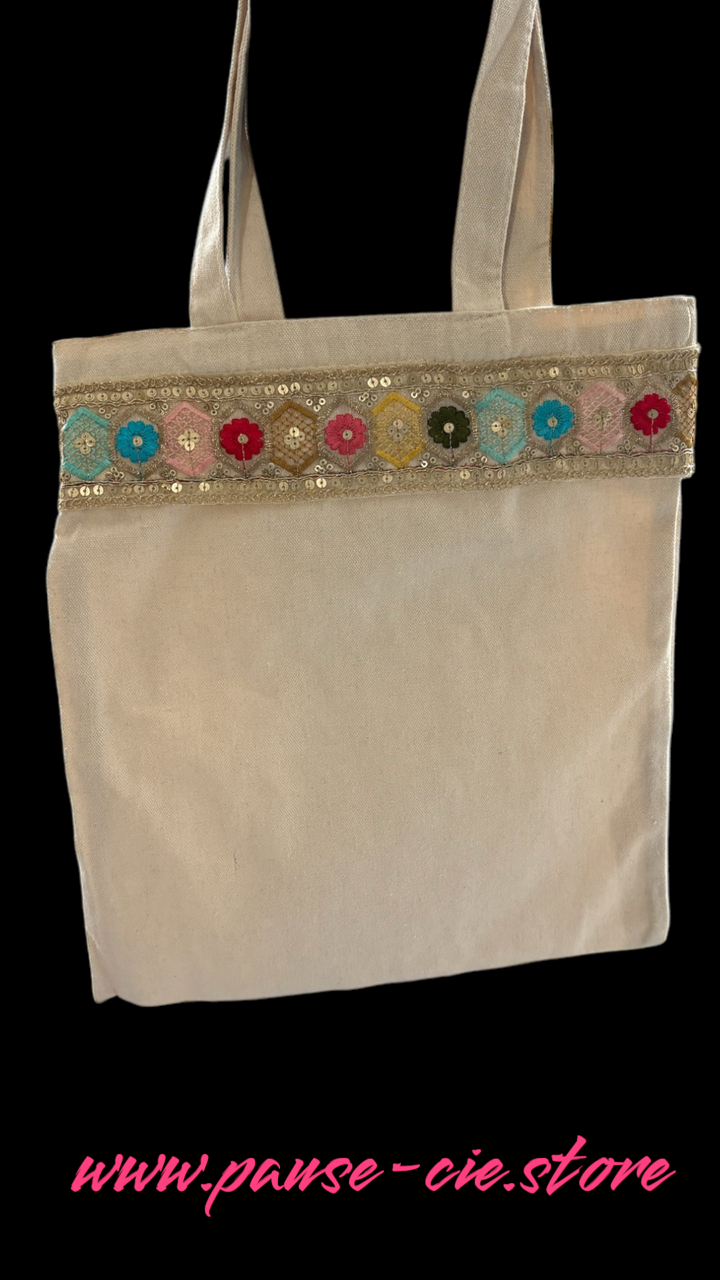 ToteBag Ecru Broderie Indienne