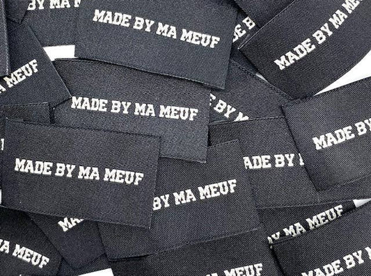 Étiquette Tissée à Coudre "MADE BY MA MEUF" noir et blanc
