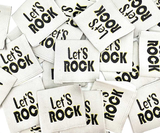 Étiquette tissée à coudre "LET'S ROCK" Écru noir et jaune.