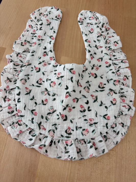 Bavoir ultra doux "Blanc" avec petites fleurs rose