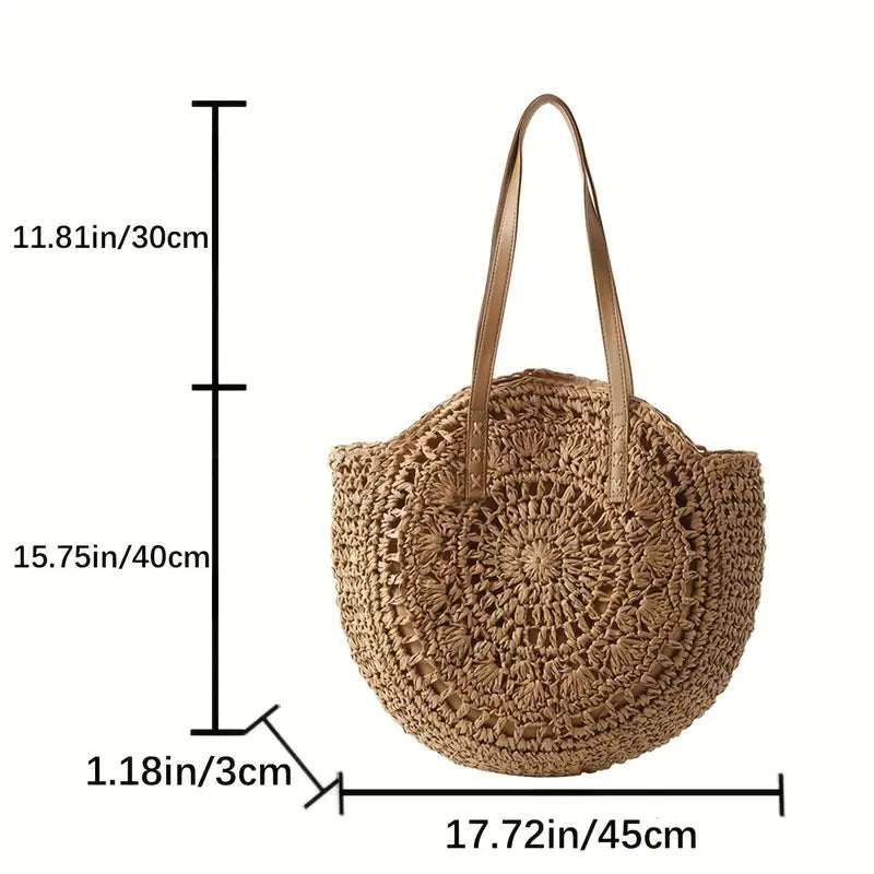 Sac plage rond Beige foncé en Paille