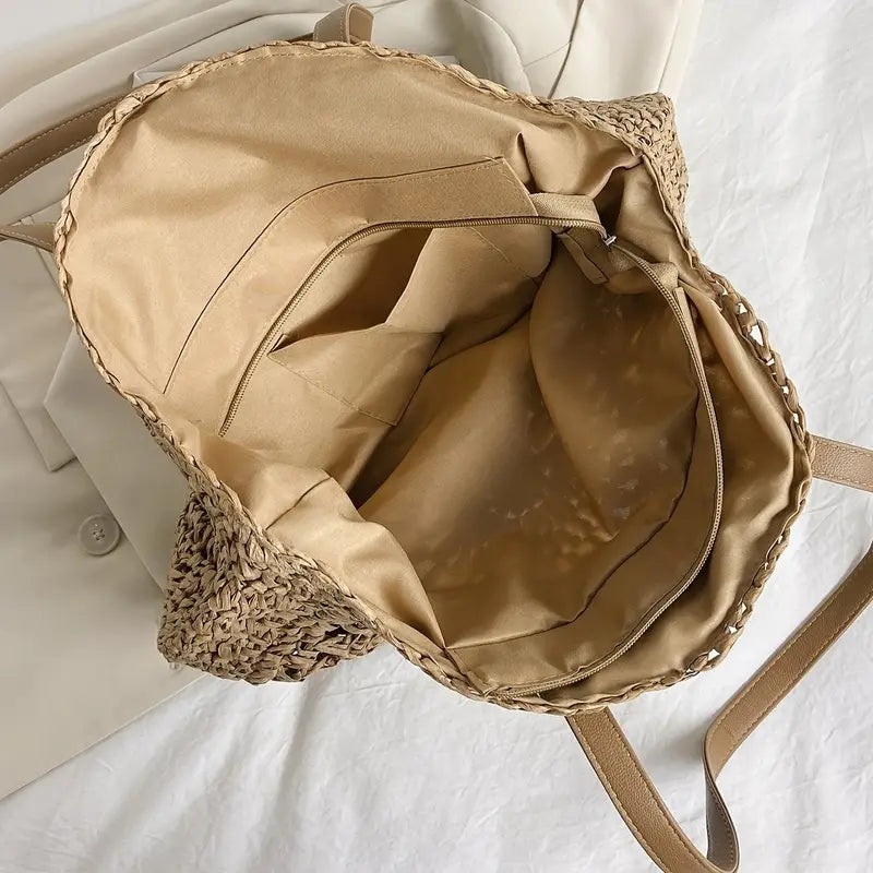 Sac plage rond Beige foncé en Paille