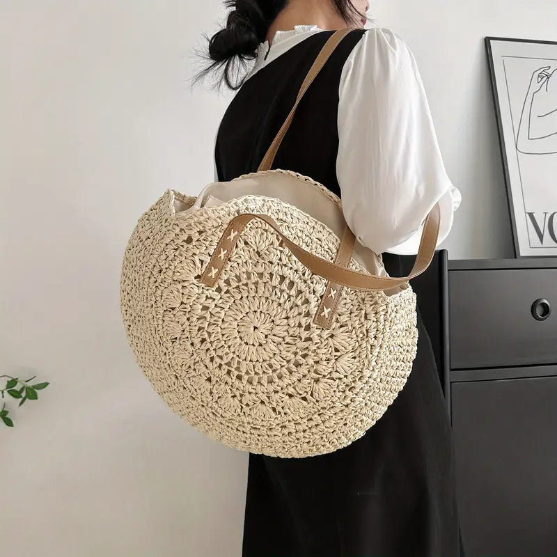 Sac plage rond Beige clair en Paille