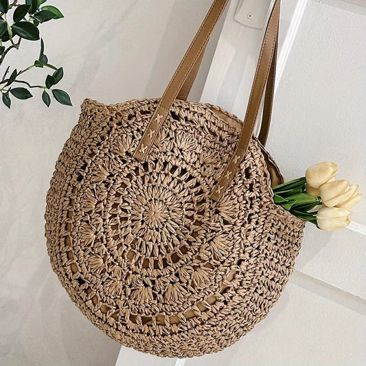 Sac plage rond Beige foncé en Paille